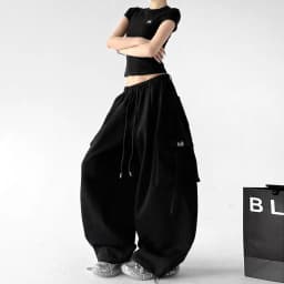 American Hip-hop Cargo Tooling Sweatpants Big Pocket Streamer Wide Leg Pants Women Baggy Pants