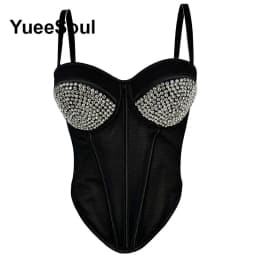 Black Y2K Tops White Rhinestone Sequins Tassel Slim Crop Top New Gothic Party Club Wedding High Street Sexy Corset Top Camis