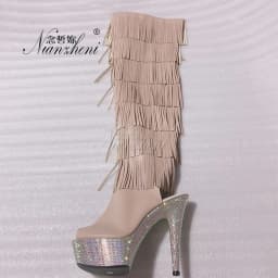 Gold Gothic Stripper Heels Over The Knee Boots 7Inch Fringe Rhinestone High Heels Exotic Dancer 17cm Over The Knee Boots Catwalk