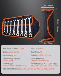 SucceBuy Flex-Head Ratcheting Wrench Set 8PCs Combination Wrench Set Roll-up Pouch Cr-V Steel Flexible Ratcheting Wrench Set