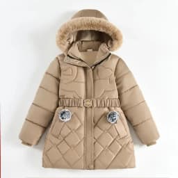 2024 New Winter Keep Warm Girls Jacket Waist Belt Design Detachable Hat Lining Plush Hooded Heavy Coat For Kids