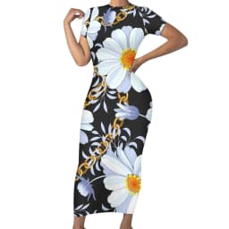 Retro Chains Bodycon Dress Summer Leopard Print Cute Maxi Dresses Women Short Sleeve Graphic Street Fashion Dress 3XL 4XL 5XL