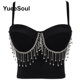 Black Y2K Tops White Rhinestone Sequins Tassel Slim Crop Top New Gothic Party Club Wedding High Street Sexy Corset Top Camis