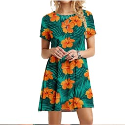 3D Green Leaves Floral Printed Mini Dress For Women 2022 Summer Loose Oversized Casual Short Sleeve O-Neck A-Line Dress Sundress