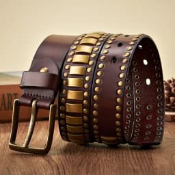 Punk Rock Belts Geometry Pattern for Men for Women Rivet Studded Belts First Layer of Cowskin Hip Pop Decorative Belts