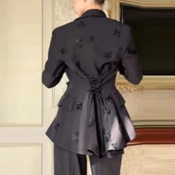 Chic 3d Bead Black Suit Pant Set Long Sleeved V-neck Waist Lace Up Suit Jacket Cozy Versatile Pant 2026 Commuting Woman Clothing