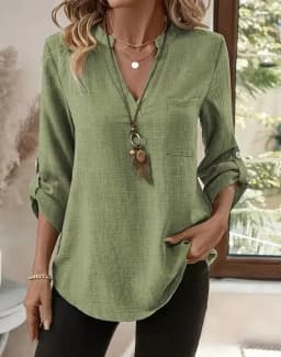 Spring and Summer New Shirts Women's Loose Large Size V-neck Solid Color Shirt Loose Top Long Sleeve Shirt