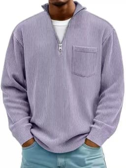 Autumn And Winter New Men's Solid Color Corduroy Long-sleeved Zipper Stand-up Collar Loose Fashion Men's Sweater