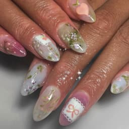 24Pcs Flora Almond Press on Nails with Glue Mori Girl Nail Art Ballet Rural Style Full Cover Wearable Acrylic Nail Manicure Tips