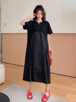 Patchwork Pleated Black Vintage Dresses For Women New Korean Fashion Short Sleeve Loose Casual Summer Long Dress Clothing 2026