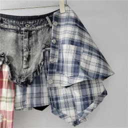 DEAT Fashion Women's Patchwork Plaid Button Design Denim 2024 Summer Skirts New A-line High Waist Mini Skirt Female 29L7797