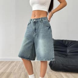 Women's Bermuda Summer Jean Shorts High Waisted Knee Length Baggy Jorts Wide Leg Breathable Loose Denim Shorts with Pockets