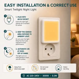 Melery LED Night Light Twilight Sensor 0.3W Warm White 3000K 40lm EU Plug Socket Lamp 230V Children's Table Home Stairs Aisle