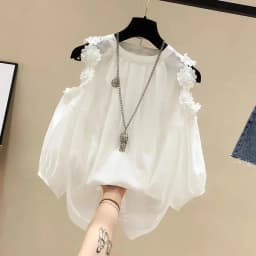 Orange Flower Three-dimensional Decoration Raglan Sleeve O-Neck Pullover Women's Blouse Shirt Female Clothing Tops Fashion 2024