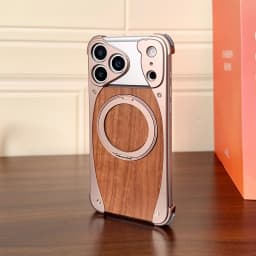Aluminum Magnetic Wooden Case for iPhone 18 17 Pro Max 18 17 Pro Cover Walnut Real Wood Mag-safe Free Rotation Stand Shell