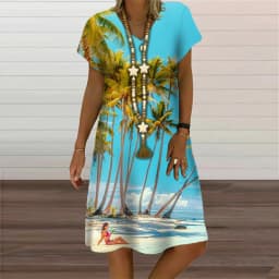 Natural Scenery Summer Tropic Beach Style 3D Print Dresses For Women Oversized Short Sleeve Loose Clothing Casual V-Neck Dress