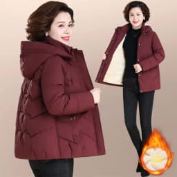 Warm Fleece Lined Cotton Jacket for Middle-Aged And Elderly Women Casual Style Winter Coat with Hood Zipper Closure And Pockets