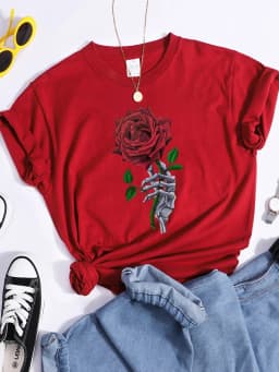 Skull And Bones The Lovers Red Rose Female Tshirts Street Hip Hop T-Shirts Cool Casual Tee Clothes Breathable Sweat Tshirt Women