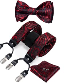 Adjustable Slive Paisley Suspender Self-tie Bowtie Pocket Square Cufflinks Set Luxury 6 Clips Mental Elastic Classic straps