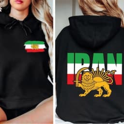 Lion and Sun Iran Sweatshirt Persian Flag Graphic Shirt Shir-o-Khorshid Emblem Iranian Heritage Shirt Patriotic Gifts Front Back