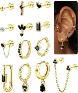 13Pcs Hypoallergenic Stud Earrings Hoop Earrings Set for Women 14K Gold-plated Flat Back Cartilage Earring for Multiple Piercing