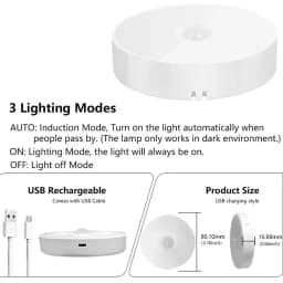 Motion Sensor Puck Lights LED Wireless USB Rechargeable Operated Under Cabinet Lighting on Shelf Display Closet Counter Light