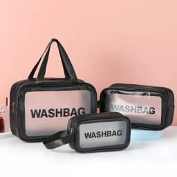 1pc Pu Transparent Three Piece Makeup And Toiletries Bag, Large Capacity Pvc Semi Transparent Frosted Portable Storage Bag