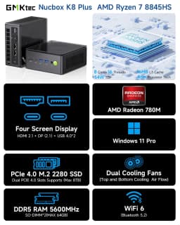 GMKtec K8 Plus Ryzen 7 8845HS Mini PC Windows 11 Pro DDR5 128GB 5600MT/s PCIe 4.0 4TB NVMe SSD WiFi 6 BT 5.2 Gaming Desktop Comp