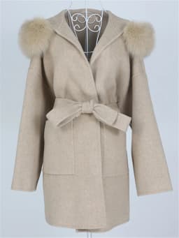 OFTBUY New Oversize Loose Cashmere Wool Blends Real Fur Coat Winter Jacket Women Natural Fox Fur Collar Hood Outerwear Belt