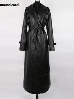 Mauroicardi Spring Autumn Waterproof Black Soft Pu Leather Trench Coat for Women Belt Double Breasted Floor Length Overcoat 2025