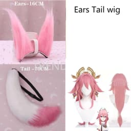 Yae Miko Plush Tail Ear Wig Pink Fox Handmade Cosplay Props Pink Fox Ears Tail Wig