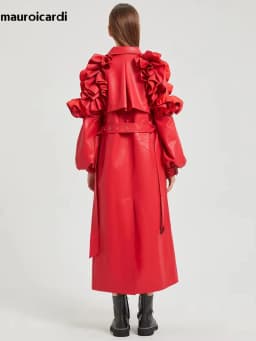 Mauroicardi Spring Extra Long Black Ruffled Soft Faux Leather Coat Women Belt Elegant Chic Luxury Designer Clothes Overcoat 2025
