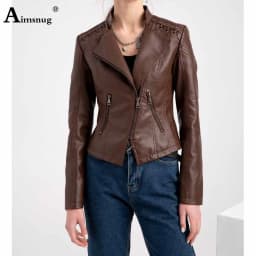 Yellow Red Faux Pu Leather Jackets 2025 Spring Autumn Fashion Zip up Top Outerwear Lady Basic Coats Plus Size Female Jackets New