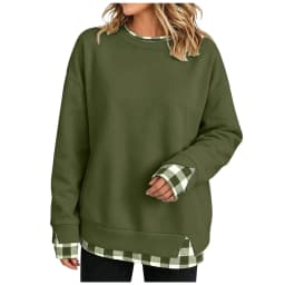 Women's Fake Two-Piece Oversize Sweatshirts With Plaid Hem Side Slit Long Sleeve Pullover Loose Fit Round Neck Sweatshirts Tops
