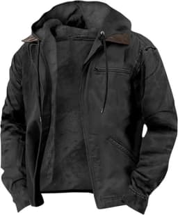 Men's Solid-Color Hooded Cotton Jacket Casual Trendy Fleece Zipper Pocket Winter Coat for Outdoor Wear