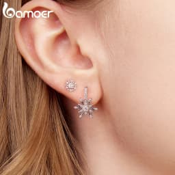 Bamoer 925 Sterling Silver Ice Flower Jewelry Set Double Snowflakes Open Ring Spring Hoop Earrings for Women Sparkling Gift
