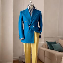 Timeless Men's Navy Blue Double Breasted Suit Summer Breathable Casual 2Piece Set Jacket+Yellow Linen Pants Wedding Groom Attir