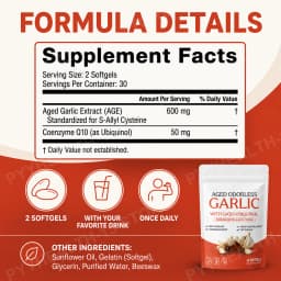 Odorless Aged Garlic Extract Softgels, 600mg AGE with 50mg CoQ10 Ubiquinol, Standardized S-Allyl Cysteine, Lifestyle, 60 Count