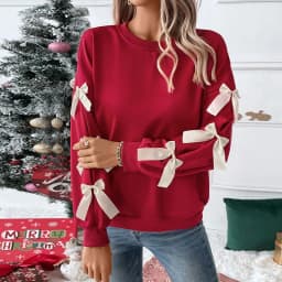 Round Neck Bow Sweatshirt Regular Length Sweet and Fresh with Pullover Patchwork Regular Sleeve Autumn Loose Fit Women Hoodie