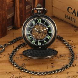 Bronze Automatic Mechanical Pocket Watch with Luminous Green Roman Numerals Dial 30cm Fob Chain Retro Pocket Timepiece Gift
