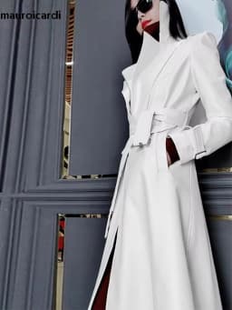 Mauroicardi Spring Autumn White Fitted Long Pu Leather Coat Women Zipper Belt Elegant Chic Luxury Designer Fake 2 Clothes 2024