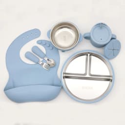 Silicone Stainless Steel Tableware 7-Piece Set, Bib, Plate, Bowl, Stainless Steel Spoon, Fork, Multifunctional Water Cup Set