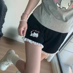 Lace Patchwork Wide Leg Shorts Women 2026 Summer Japanese Cat Embroidery Elastic Waist Short Pants Y2k Aesthetic Casual Trousers