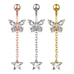 Butterfly-bow Dangled Navel Ring Piercing 14G Flower Heart Crystal CZs Belly Button Ring for Women Stainless Steel Belly Jewelry
