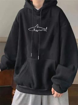 Simple Shark Printing Hoodie For Men Kangaroo Pocket Drawstring Pullovers Thermal Fleece Warm Sweatshirts Autumn Casual Clothes