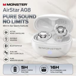Monster A08 ANC Bluetooth 6.0 Earbuds Mini Invisible In-Ear Sports Ear Buds Active Noise Cancellation TWS Wireless Earphone