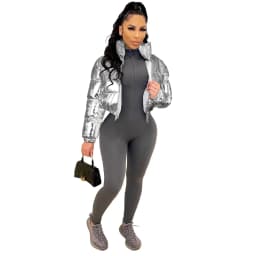 ANJAMANOR Silver Glossy Puffer Jacket Zip Up Shiny Bubble Coat Streetwear Women Clothing Winter Baddie Clothes D48-FH59