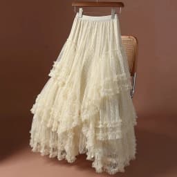 Boho Queens Women Irregular Hem High Waist Pleated embroidery Maxi Skirt Fashion Mesh Loose Puffy Skirt Fairy Cake Skirts