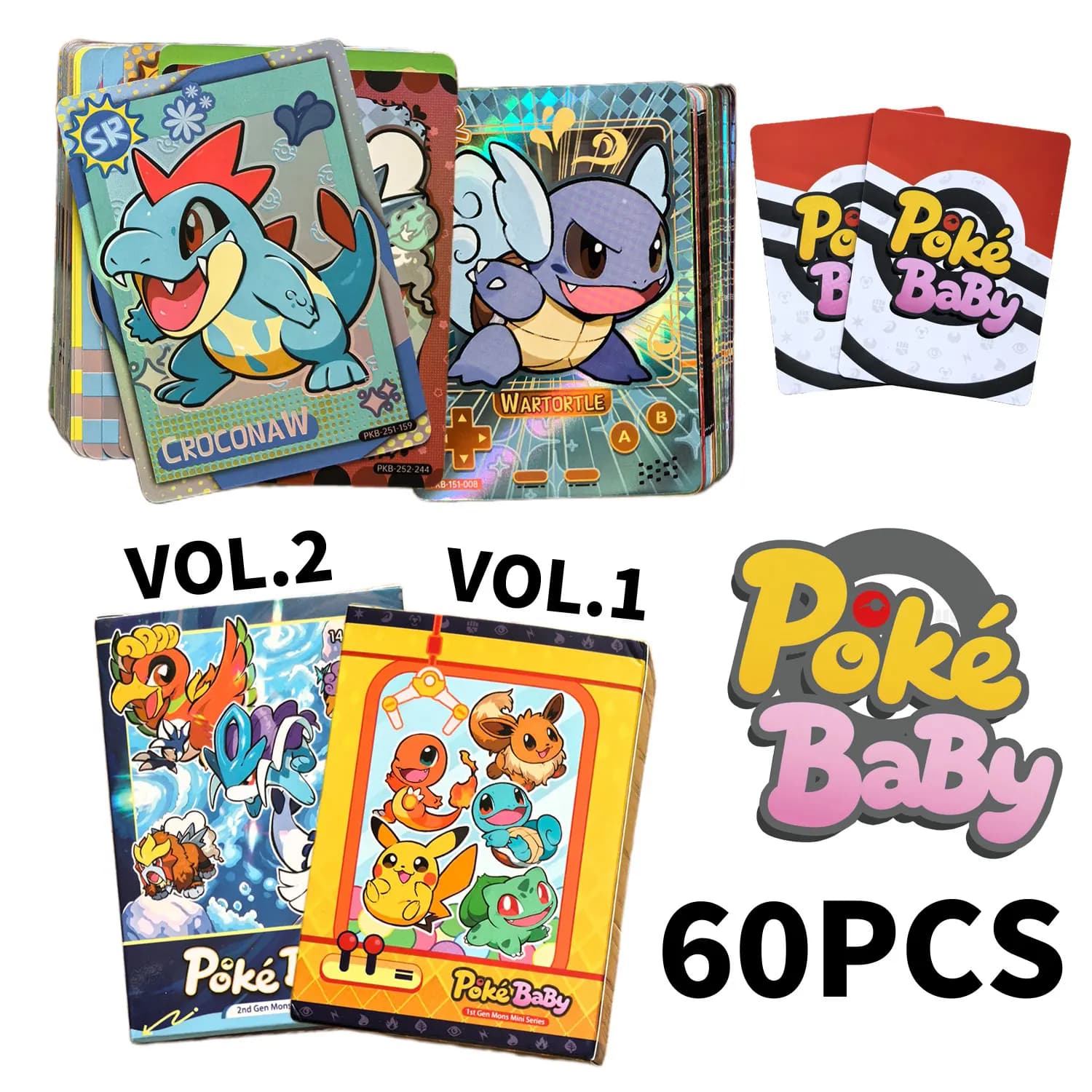 60Pcs Blind Box Vol1 2 PokeBaBy Cute DIY Card Pocket Monster Holographic 1996 Q151 Anime Version Classical Collection Card