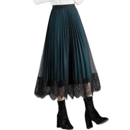 Two-Sided Wear Skirt Spring And Summer Women's New Fashion High Waist Lace Pleated Skirt Long Mesh Skirt A-Line Skirt Green Q4